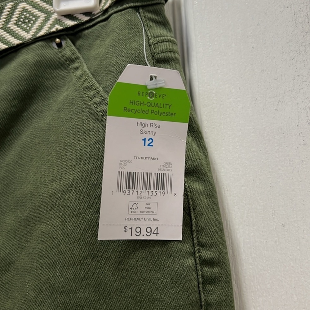 NWT Time & Tru Pants Womens Size 12 Green High Skinny High Rise Belted - Picture 4 of 6